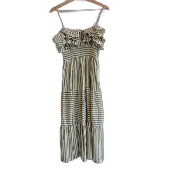 ZARA Midi Dress Linen Blend Striped Green Ruffles Tiered Sz S - Picture 2 of 13